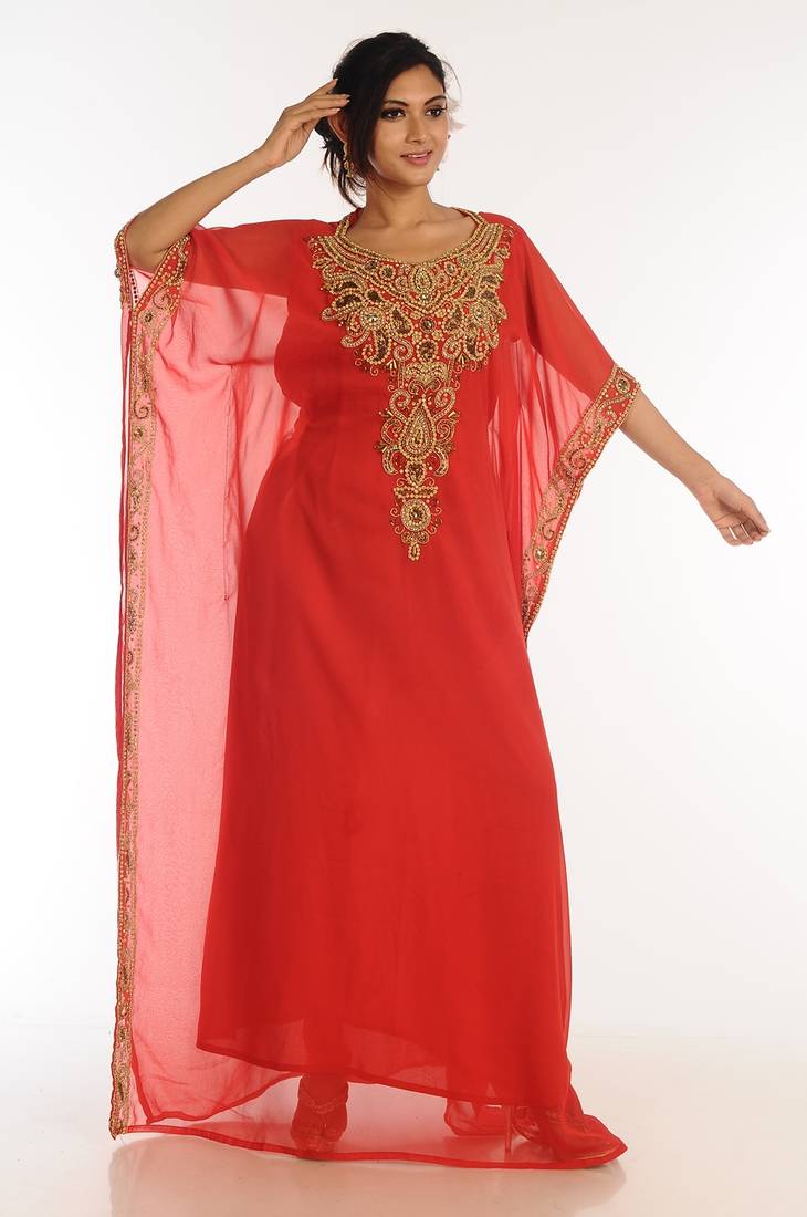Red Georgette Kaftan With Zari Work