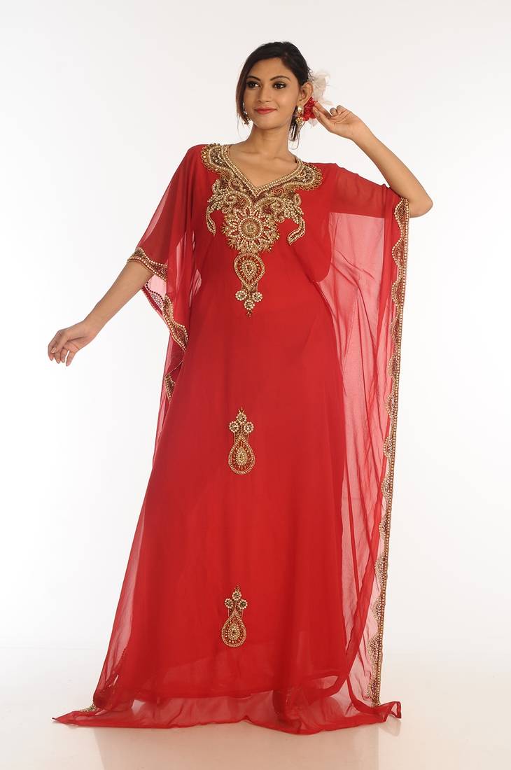 Red Georgette Kaftan With Zari Work