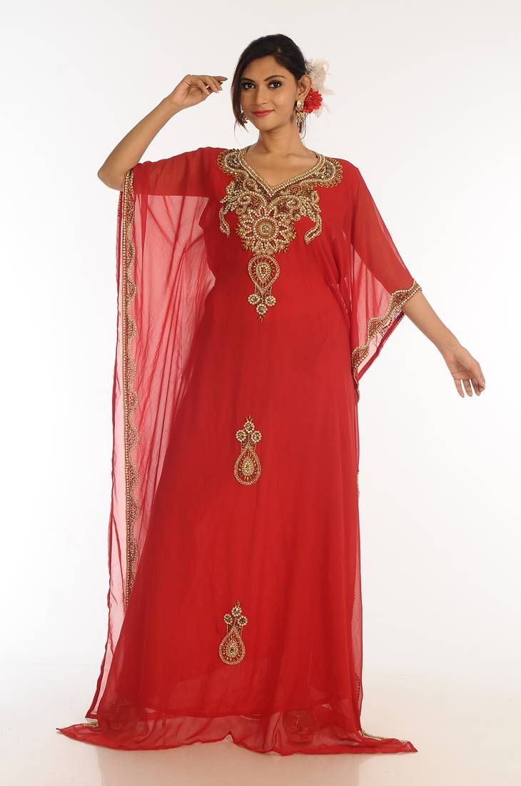 Red Georgette Kaftan With Zari Work