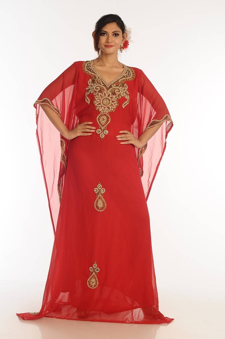 Red Georgette Kaftan With Zari Work