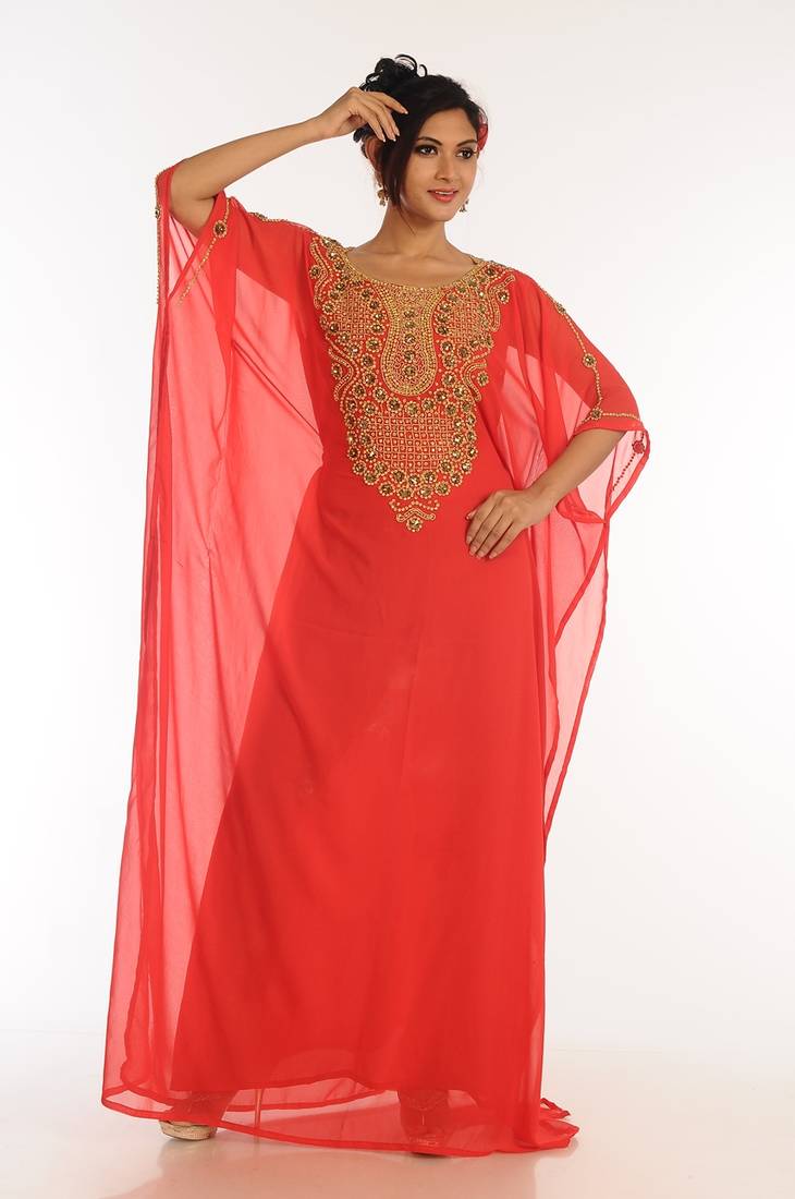 Red Georgette Kaftan With Zari Work