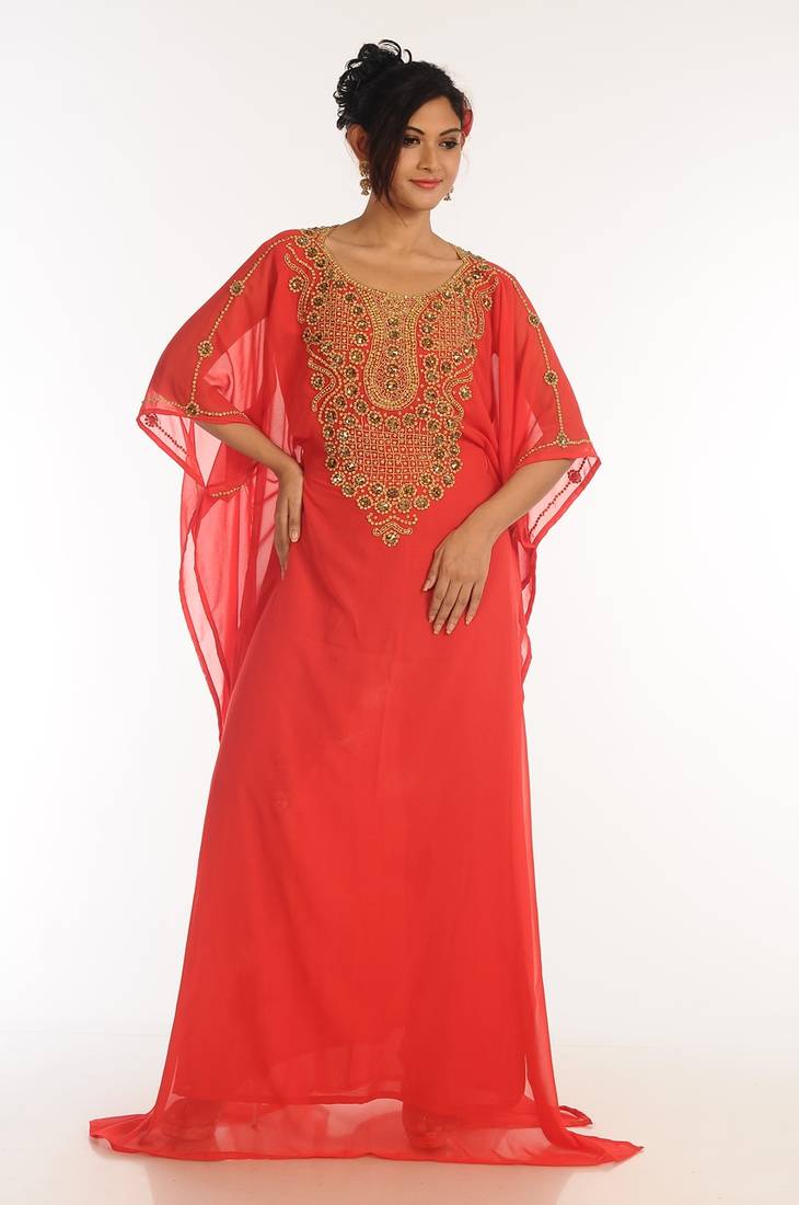 Red Georgette Kaftan With Zari Work