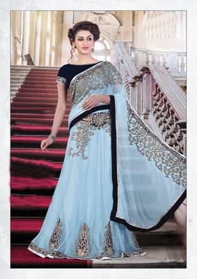 Blue Embroiderd Net Saree With Blouse 1