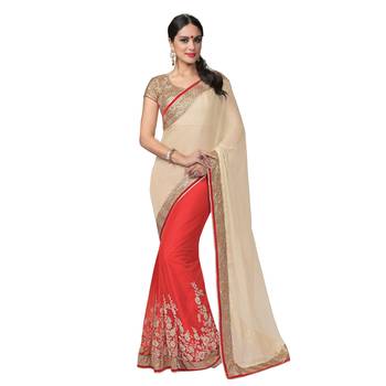 Red Embroiderd Net Saree With Blouse 1