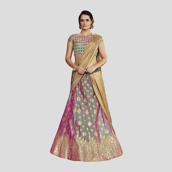 Green And Purple Color Printed Semi Stitched Lehenga Choli With Blouse 1