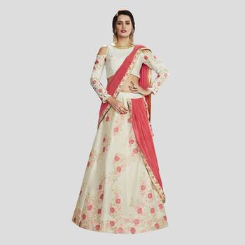 Off White Color Printed Semi Stitched Silk Lehenga With Blouse 1