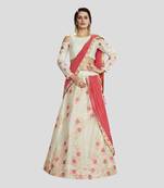 Off White Color Printed Semi Stitched Silk Lehenga With Blouse