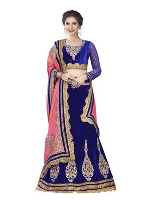 Blue Color Velvet Wedding Wear Semi Stitched Lehenga Choli With Blouse 1