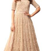 Beige Embroidered Net unstitched salwar with dupatta