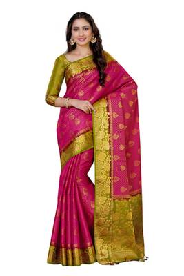 Pink woven art silk saree with blouse 1