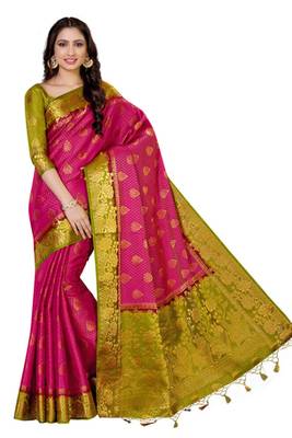 Pink woven art silk saree with blouse 2