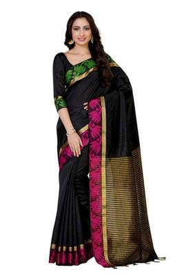 Black Woven Tussar Silk Saree With Blouse 1