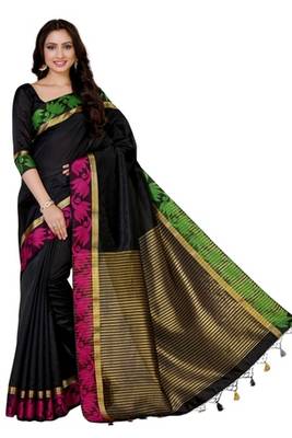 Black Woven Tussar Silk Saree With Blouse 2