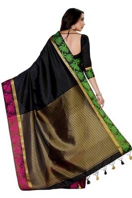 Black Woven Tussar Silk Saree With Blouse 4