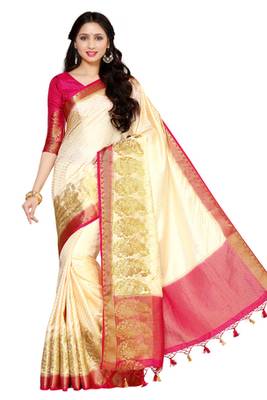 Off-White Woven Art Silk Saree With Blouse 2