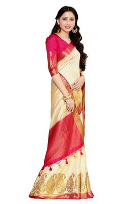 Off-White Woven Art Silk Saree With Blouse 3
