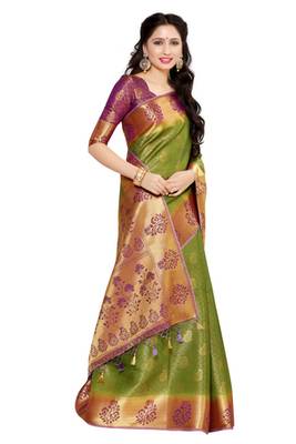 Green Woven Art Silk Saree With Blouse 3