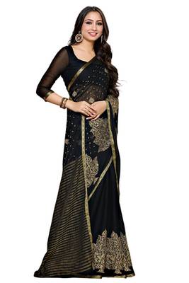 Black Embroidered Chiffon Saree With Blouse 3