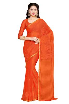 Orange Embroidered Chiffon Saree With Blouse 1