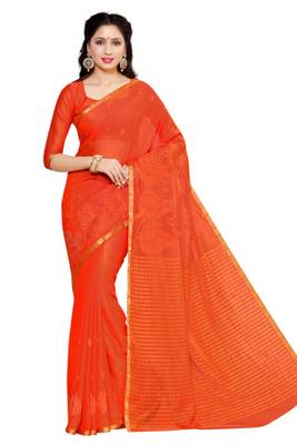 Orange Embroidered Chiffon Saree With Blouse 2