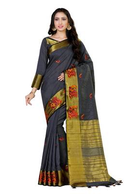 Black Embroidered Tussar Silk Saree With Blouse 1
