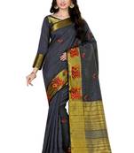 Black Embroidered Tussar Silk Saree With Blouse