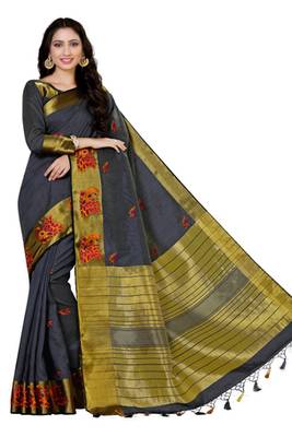 Black Embroidered Tussar Silk Saree With Blouse 2