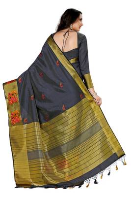 Black Embroidered Tussar Silk Saree With Blouse 4