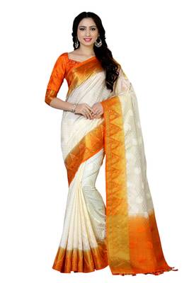 Off-White Woven Tussar Silk Saree With Blouse 1