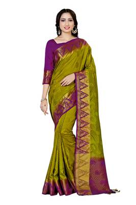 Green Woven Tussar Silk Saree With Blouse 4