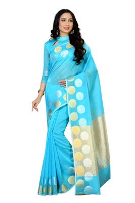 Blue woven cotton saree with blouse 1
