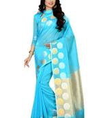 Blue woven cotton saree with blouse