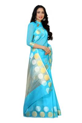 Blue woven cotton saree with blouse 3