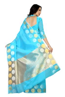 Blue woven cotton saree with blouse 4