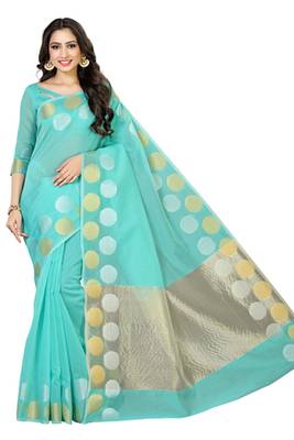 Turquoise Woven Cotton Saree With Blouse 3