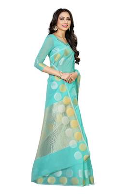 Turquoise Woven Cotton Saree With Blouse 4