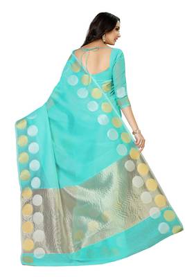 Turquoise Woven Cotton Saree With Blouse 5