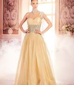 Khwaab Cream and Gold Criss-Cross Backless Evening Partywear Embroidered Stitched Gown