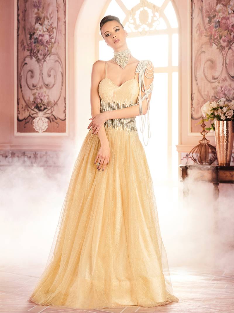 Khwaab Cream and Gold Criss-Cross Backless Evening Partywear Embroidered Stitched Gown