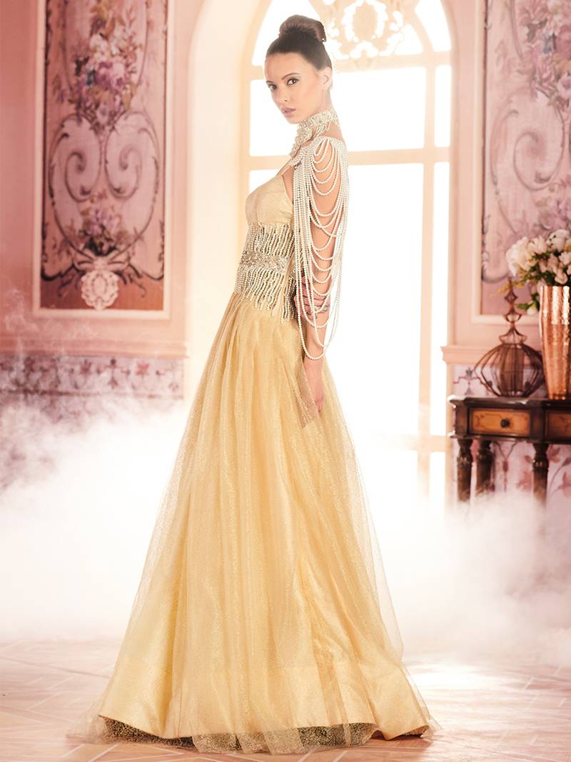 Khwaab Cream and Gold Criss-Cross Backless Evening Partywear Embroidered Stitched Gown