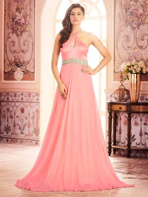 Khwaab Rose Pink Neck Tied Evening Partywear Embroidered Stitched Gown 1
