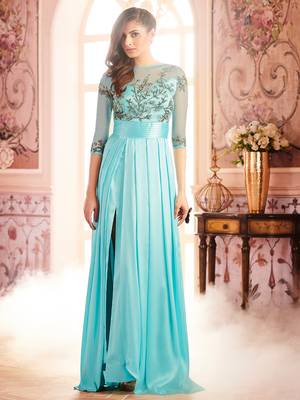 Khwaab Arctic Blue Side Slit Sheath Partywear Embroidered Stitched Gown 1