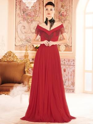 Khwaab Red Cold Shoulder Fringe Prom Partywear Embroidered Stitched Gown 1