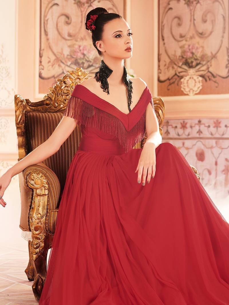 Khwaab Red Cold Shoulder Fringe Prom Partywear Embroidered Stitched Gown