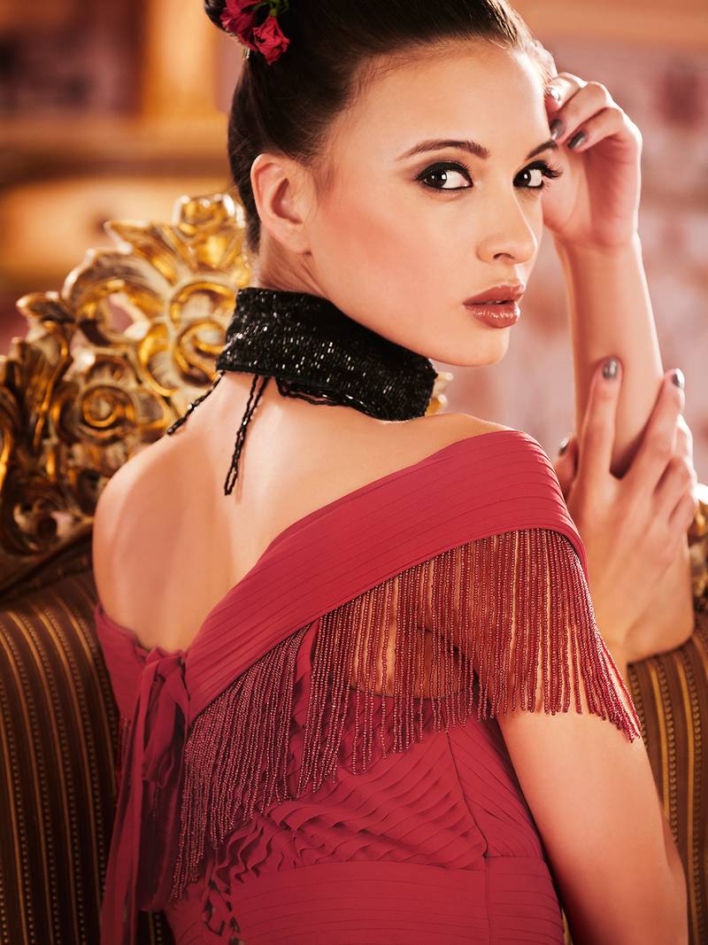 Khwaab Red Cold Shoulder Fringe Prom Partywear Embroidered Stitched Gown