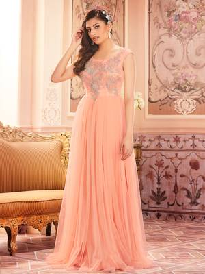 Khwaab Peach Sleeveless Partywear Embroidered Stitched Ball Gown 1