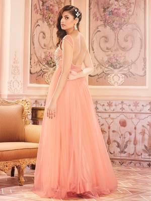 Khwaab Peach Sleeveless Partywear Embroidered Stitched Ball Gown 2