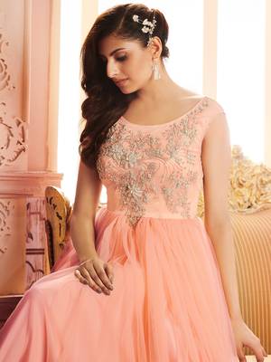 Khwaab Peach Sleeveless Partywear Embroidered Stitched Ball Gown 3
