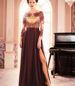 Khwaab Brown Scuba Creased Evening Partywear Embroidered Stitched Gown