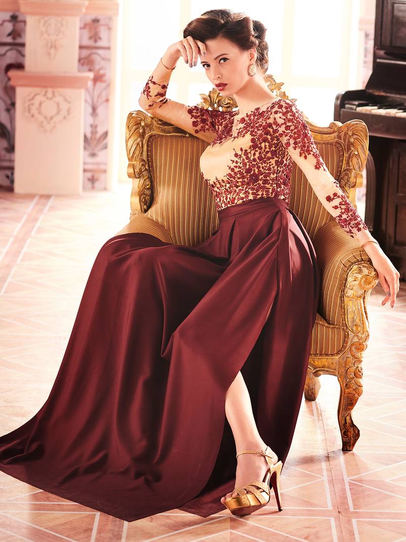 Khwaab Brown Scuba Creased Evening Partywear Embroidered Stitched Gown